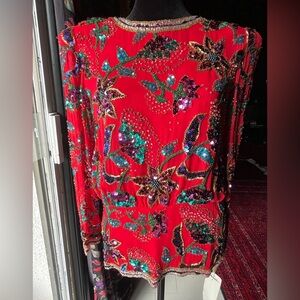 Vintage 80s Oleg Cassini Vibrant Red Sequin Beaded Silk Blouse Deadstock NWT